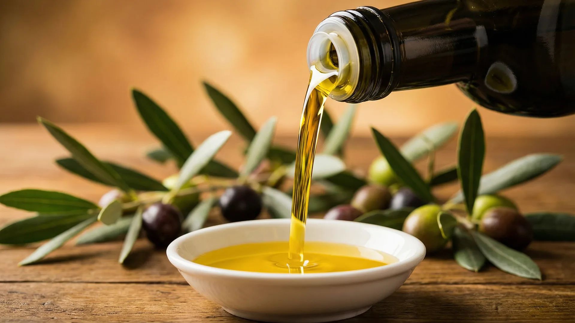 Golden extra virgin olive oil being poured in a stream of liquid gold with warm studio lighting